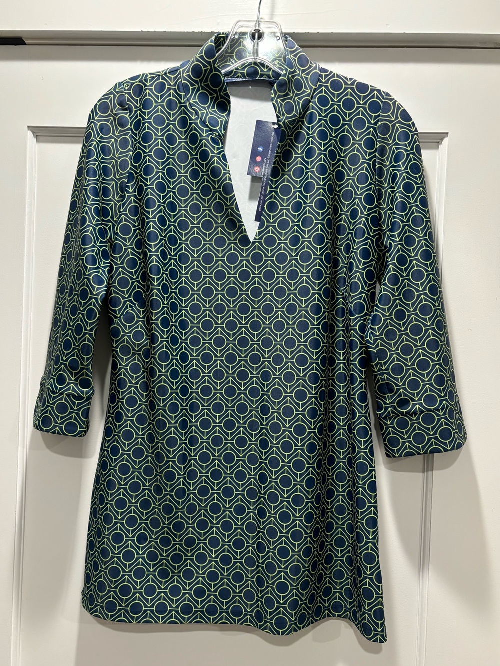 Katherine Way NEW Boca Tunic Top in Lar Geo Maze Pattern Navy Green Women XS